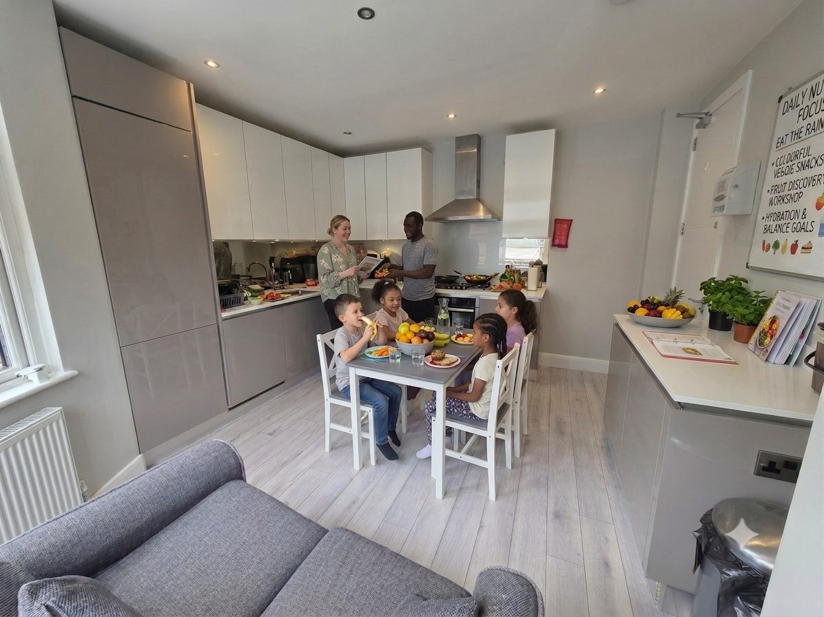 Staff and children sharing a meal together in the bright kitchen of one of our homes