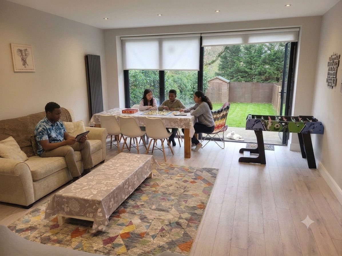 Children relaxing and playing games together in a bright living room at one of our homes