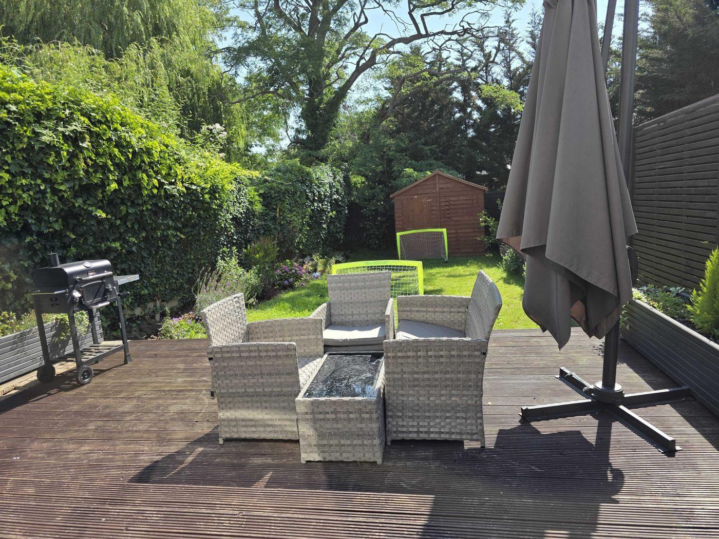 Garden seating and play area at Shapes
